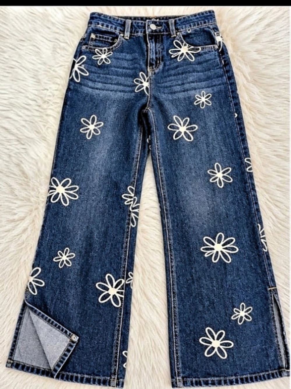 Justice Girls Wide Leg Daisy Floral Print Side Slit Jeans Size 16